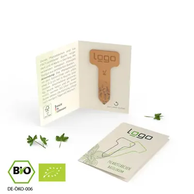 Bio Kräuter-Pflanzenstäbchen Bio Kräuter-Pflanzenstäbchen in Klappkarte mit Saat nach Wahl und inklusive Druck und Lasergravur als Werbeartikel mit Logo