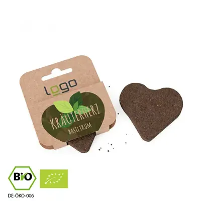 Bio Kräuterherz zum einpflanzen mit Saat nach Wahl inklusive Digitaldruck auf der Verpackung als Werbeartikel mit Logo