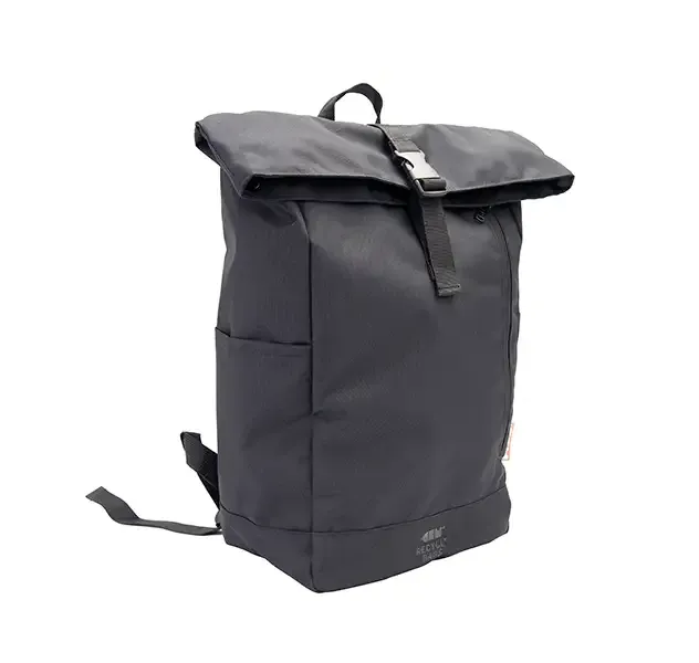 Basic Rolltop-Rucksack aus recyceltem Polyester in schwarz, blau und grün mit Transferdruck als Werbeartikel mit Logo