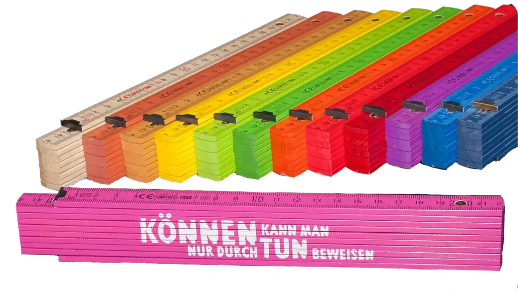 Holz-Maßstab 2m aus Buchenholz in bunt mit Druck als Werbeartikel für Firmen 