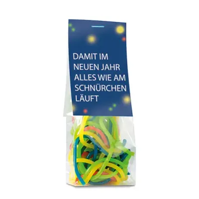 Naschbeutel Neues Jahr - Bunte Fruchtgummi-Schnüre in kompostierbarer Folie mit bedrucktem Karton - Werbeartikel