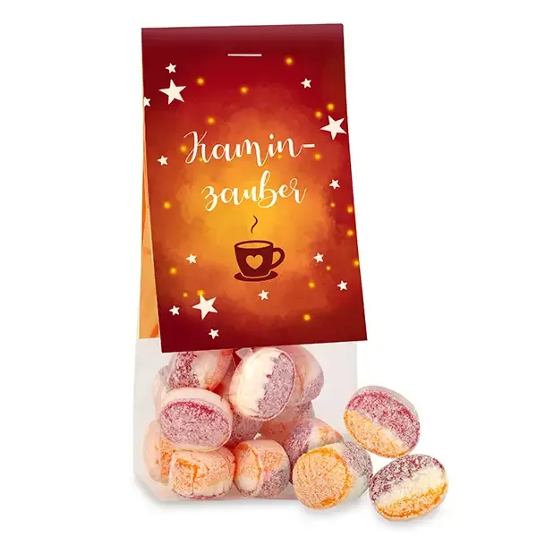 Naschbeutel Kaminzauber - Bonbons mit Glühwein- und Orangengeschmack in Beutel inklusive Digitaldruck auf Werbekarte