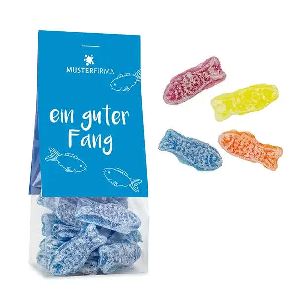 Naschbeutel Guter Fang gefüllt mit Bonbons in Fischform inklusive Digitaldruck auf der Werbekarte als Werbeartikel mit Logo