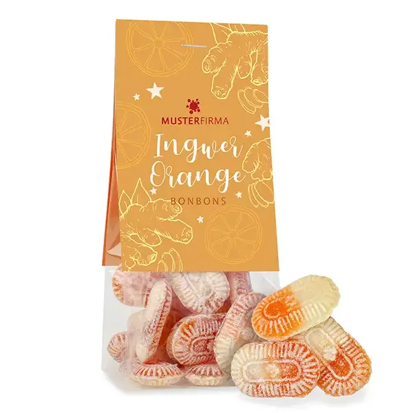 Naschbeutel Orange-Ingwer Bonbons inklusive Digitaldruck auf dem Werbereiter als originelles Werbegeschenk im Winter mit Logo