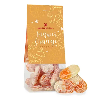 Naschbeutel Orange-Ingwer Bonbons inklusive Digitaldruck auf dem Werbereiter als originelles Werbegeschenk im Winter mit Logo