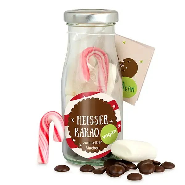 DIY Flasche Heißer Kakao (Vegan) zum Selbermachen inklusive Digitaldruck auf dem Etikett als Weihnachtsgeschenk mit Logo