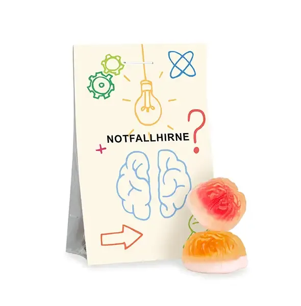 2 Stück Fruchtgummi Gehirne, verpackt in OPP-Blockbodenbeutel mit Werbereiter aus Karton inklusive Digitaldruck als Giveaway