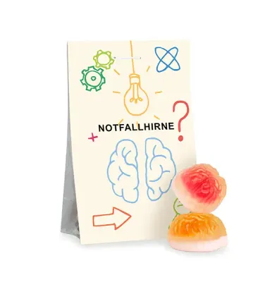 2 Stück Fruchtgummi Gehirne, verpackt in OPP-Blockbodenbeutel mit Werbereiter aus Karton inklusive Digitaldruck als Giveaway