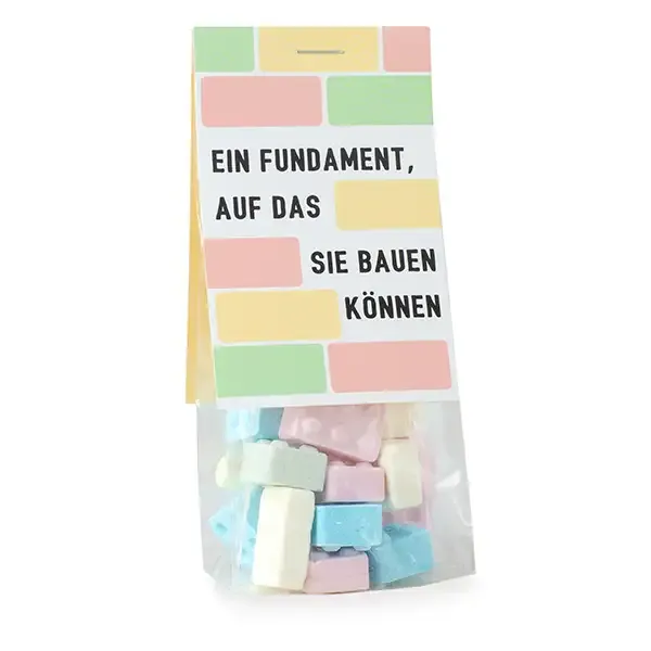 40 g Brause Bausteine, verpackt in OPP-Blockbodenbeutel mit Werbereiter aus Karton inklusive Digitaldruck als Werbeartikel