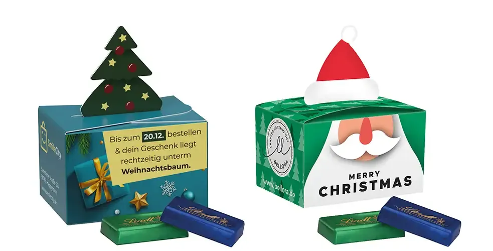 Geschenkbox Mini Weihnachten inklusive Schokoladenfüllung und Druck auf der Verpackung als Giveaway mit Logo