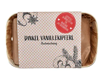 Backmischung Dinkel Vanillekipferl Backmischung Dinkel Vanillekipferl mit Digitaldruck auf der Banderole als Werbegeschenk für Weihnachten mit Logo