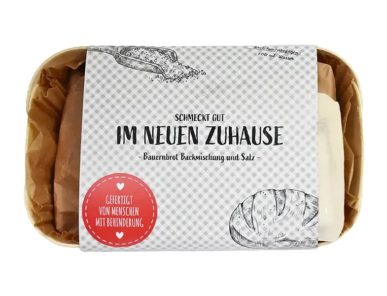 Zum Einzug Backmischung - Bauernbrot und Salz als Set mit bedruckter Banderole als Werbeschenk mit Logo