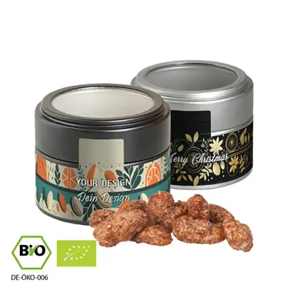Bio Feuergebrannte Mandeln Metalldose 60g Bio Feuergebrannte Mandeln Metalldose 60g inklusive Druck auf dem Etikett als hochwertiges Giveaway zu Weihnachten