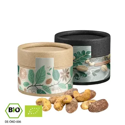 Bio Zimt-Mandel Vanille-Cashew Mix 40g in Pappdose Bio Zimt-Mandel Vanille-Cashew Mix 40g in Pappdose inklusive Druck auf dem Etikett als hochwertiges Werbegeschenk mit Logo