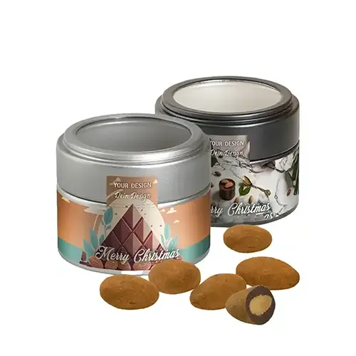 Schokomandeln mit Zimt Metalldose 60g inklusive Druck auf dem Klebeetikett als hochwertiges Geschenk zu Weihnachten mit Logo