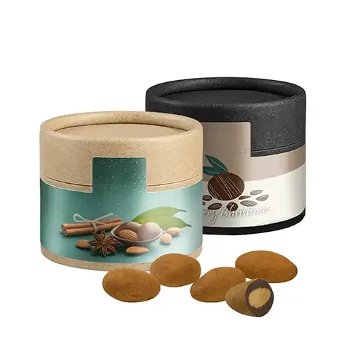 Schokomandeln mit Zimt 40g in Pappdose inklusive Druck auf dem Etikett mit deinem Design als Werbegeschenk mit Logo