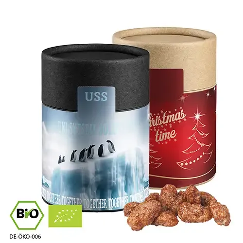 Bio Feuergebrannte Mandeln 80g in Pappdose inklusive Druck auf dem Etikett als weihnachtliches Werbegeschenk mit Logo