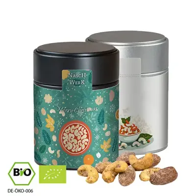 Bio Zimt-Mandel Vanille-Cashew Mix 100g in Metalldose Bio Zimt-Mandel Vanille-Cashew Mix 100g in Metalldose inklusive Druck auf dem Etikett als hochwertiges Geschenk mit Logo