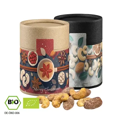 Bio Zimt-Mandel Vanille-Cashew Mix 80g in Pappdose Bio Zimt-Mandel Vanille-Cashew Mix 80g in Pappdose inklusive Druck auf dem Etikett als weihnachtliches Werbegeschenk mit Logo