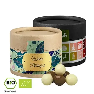 Bio Knusperkugel-Mix 25g in Pappdose Bio Knusperkugel-Mix 25g in Pappdose inklusive Druck auf dem Etikett als originelles Werbegeschenk mit Logo
