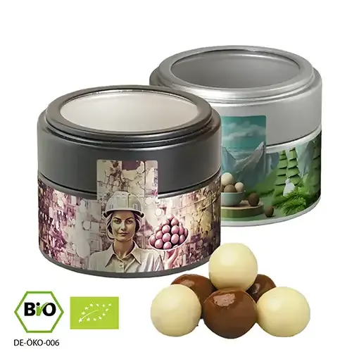 Bio Knusperkugel-Mix 45g in Metalldose inklusive Druck auf dem Etikett als hochwertiges Geschenk mit Logo