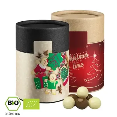 Bio Knusperkugel-Mix 50g in Pappdose Bio Knusperkugel-Mix 50g in Pappdose inklusive Druck auf dem Etikett als Werbegeschenk mit Logo