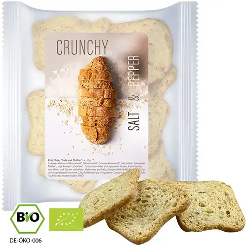 Bio Brot Chips “Salz und Pfeffer” 20g in Tüte inklusive Druck auf dem Etikett als Giveaway mit Logo