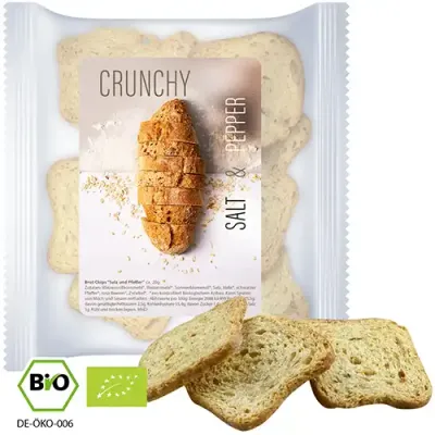 Bio Brot Chips “Salz und Pfeffer” 20g Bio Brot Chips “Salz und Pfeffer” 20g in Tüte inklusive Druck auf dem Etikett als Giveaway mit Logo