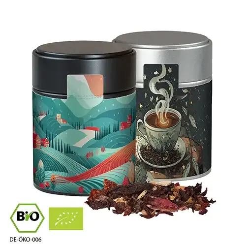 Bio Weihnachts-Früchtetee 60g in Metalldose inklusive Druck auf dem Etikett als hochwertiges Werbegeschenk mit Logo