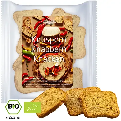 Bio Brot Chips “Paprika und Chili” 20g in Tüte inklusive Druck auf dem Etikett als Giveway mit Logo 