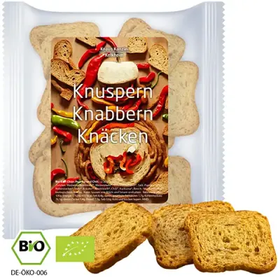 Bio Brot Chips “Paprika und Chili” 20g Bio Brot Chips “Paprika und Chili” 20g in Tüte inklusive Druck auf dem Etikett als Giveway mit Logo