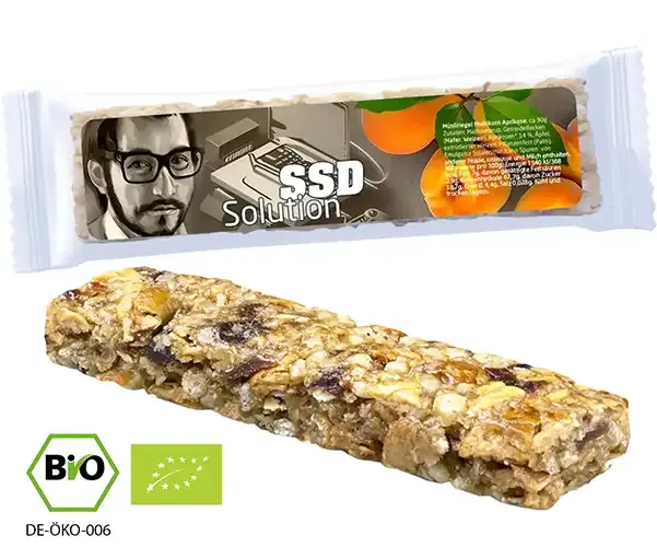 Bio Müsliriegel Multikorn Aprikose 30g (Vegan) inklusive Druck auf dem Etikett als Giveaway mit Logo