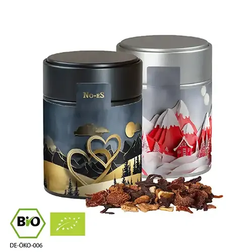 Bio Glühweingewürz fein 60g in Metalldose inklusive Druck auf dem Etikett als hochwertiges Geschenk mit Logo