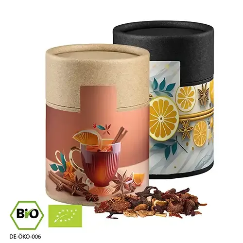 Bio Glühweingewürz fein 60g in Pappdose inklusive Druck auf dem Etikett als hochwertiges Weihnachtsgeschenk mit Logo