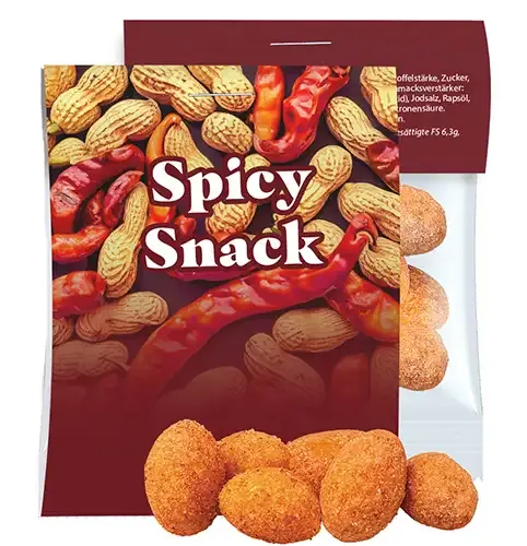 Chili Erdnüsse 10g in Tüte mit Werbe-Karte inklusive Digitaldruck deines Designs als Giveaway mit Logo