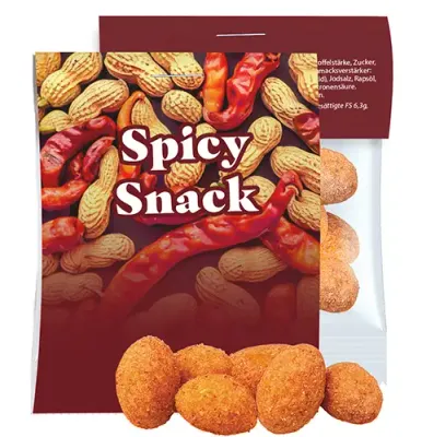 Chili Erdnüsse 10g in Tüte mit Werbe-Karte inklusive Digitaldruck deines Designs als Giveaway mit Logo