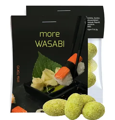 Wasabi Erdnüsse 10g in Tüte mit Werbekarte aus Karton inklusive Digitaldruck deines Designs als Giveaway mit Logo