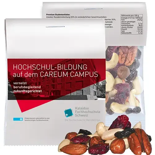 Premium Studentenfutter 15g (Vegan) in Tüte mit Karton-Werbekarte inklusive Digitaldruck deines Designs als Giveaway mit Logo