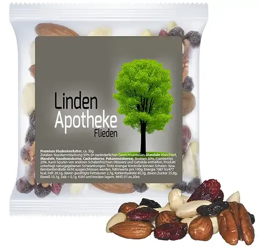 Premium Studentenfutter 30g (Vegan) in Tüte mit Klebeetikett inklusive Digitaldruck auf dem Etikett als Giveaway mit Logo