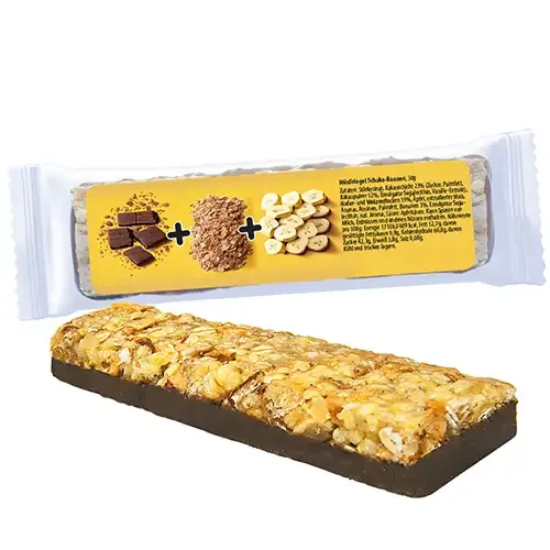 Müsliriegel Schokolade-Banane 30g in Tüte mit Klebeetikett inklusive Digitaldruck als Give-Away mit Logo