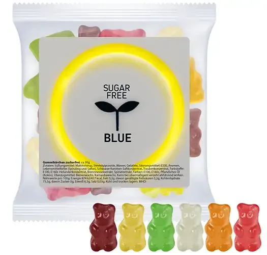 Gummibärchen zuckerfrei 30g in Tüte mit Klebeetikett inklusive Digitaldruck auf dem Etikett als Give-away mit Logo