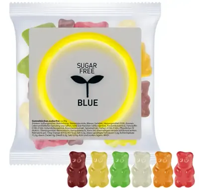 Gummibärchen zuckerfrei 30g in Tüte mit Klebeetikett inklusive Digitaldruck auf dem Etikett als Give-away mit Logo