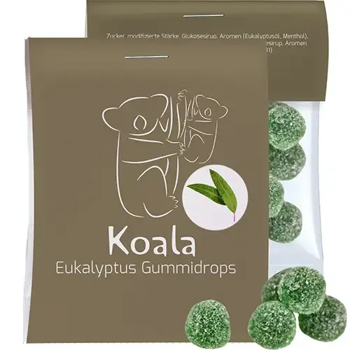 Eukalyptus Menthol Fruchtgummi 15g in Tüte mit Werbekarte inklusive Digitaldruck als Giveaway mit Logo