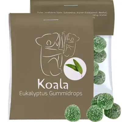 Eukalyptus Menthol Fruchtgummi 15g Eukalyptus Menthol Fruchtgummi 15g in Tüte mit Werbekarte inklusive Digitaldruck als Giveaway mit Logo
