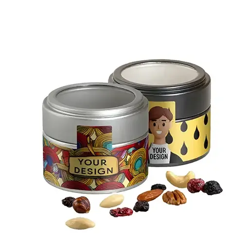 Premium Studentenfutter in Metalldose 60g (Vegan) inklusive Druck auf dem Etikett als Giveaway mit Logo