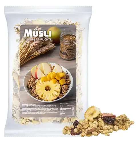 Müsli Knusper Früchte 60g in Tüte inklusive Druck auf dem Etikett als originelles Werbegeschenk mit Logo