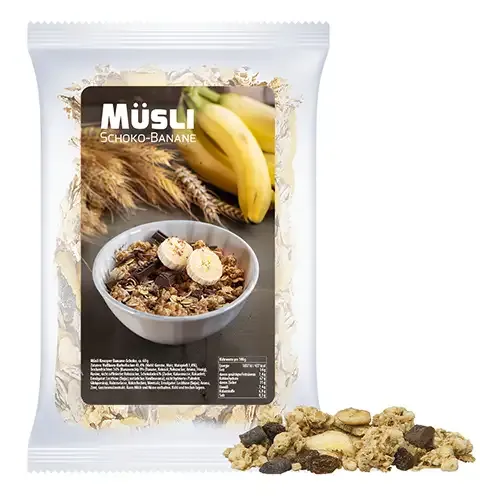 Müsli Knusper Banane-Schoko 60g in Tüte inklusive Druck auf dem Etikett als originelles Giveaway mit Logo