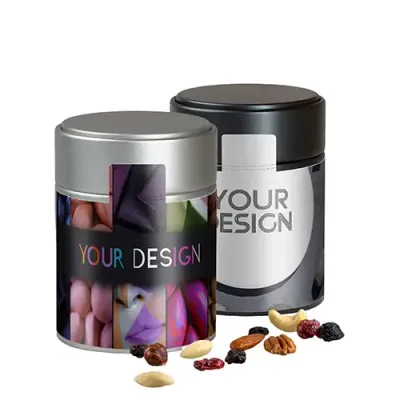 Premium Studentenfutter 100g in Metalldose (Vegan) Premium Studentenfutter 100g in Metalldose (Vegan) inklusive Druck auf dem Etikett als hochwertiges Werbegeschenk mit Logo