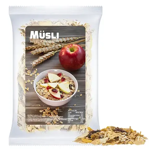 Müsli Apfel-Cranberry 60g inklusive Druck auf dem Etikett der Tüte als origineller Werbeartikel mit Logo