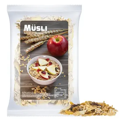 Müsli Apfel-Cranberry 60g Müsli Apfel-Cranberry 60g inklusive Druck auf dem Etikett der Tüte als origineller Werbeartikel mit Logo